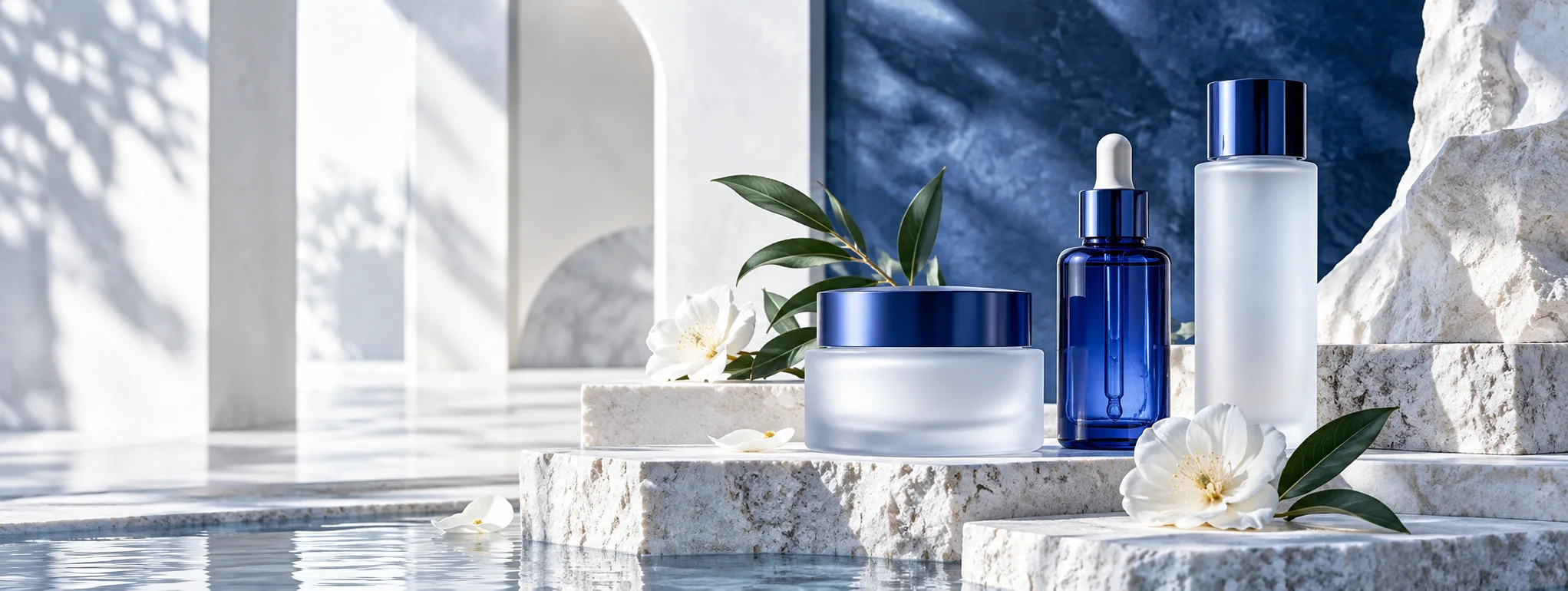 Blue and white skincare bottles with jasmine on sunlit stone